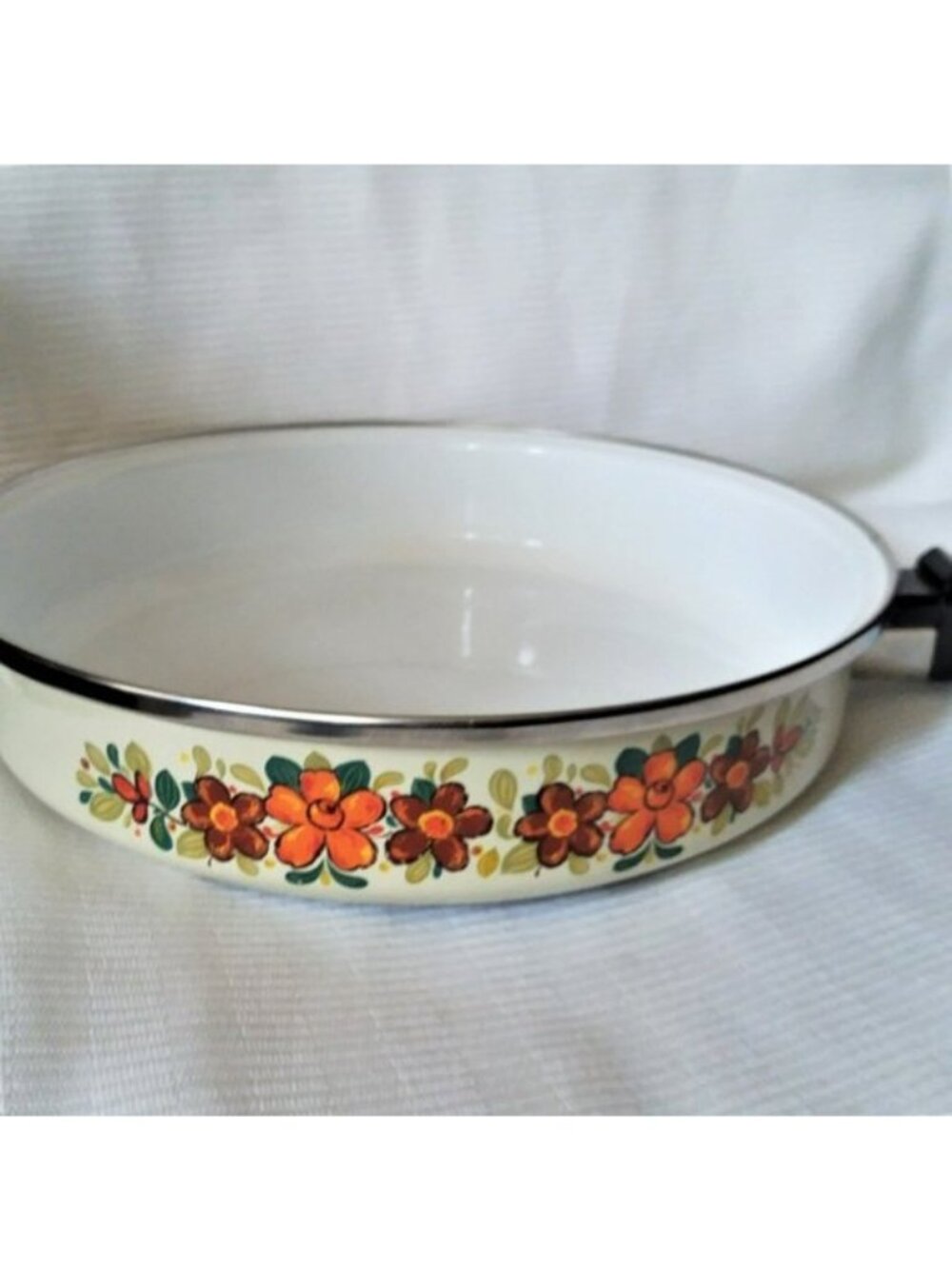 VTG Enamel 10" Fry Pan Flower Pattern NEVER Cooked in RARE Pattern 60s 70's NICE